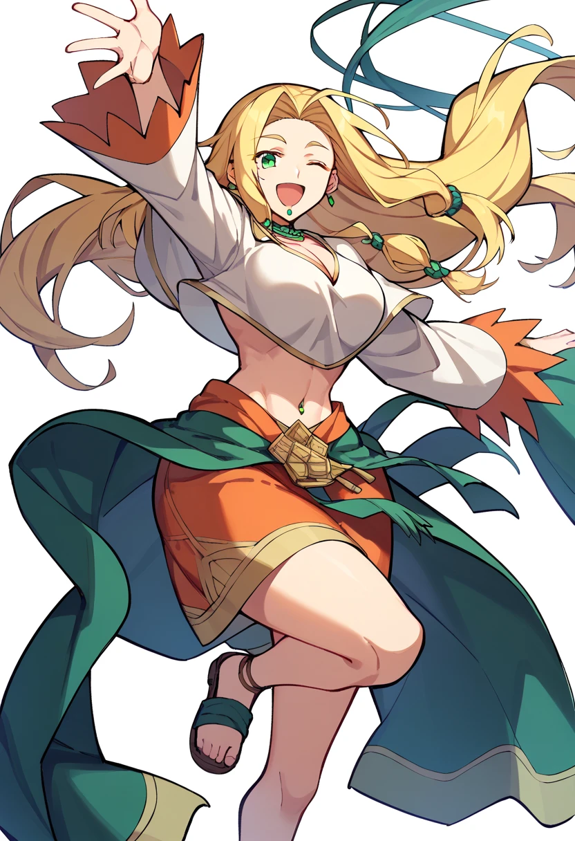 score_9,score_8_up,score_7_up,score_6_up , source_anime, quetzalcoatlDEF, MainfFit, red crop top, fringe trim, chin green gem, strapless, sleeveless, fringed clothing, 1girl, , blonde hair, long hair, green eyes, , sitting, backboob,  peek, looking at viewer, looking back, smile, hair ornament, armlet, white background, underboob, sketch, , red skirt, blue sash, <lora:QuetzalcoatlFate-Xl-V7:1>
