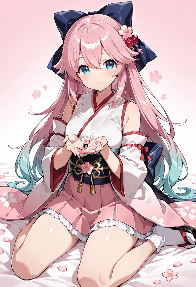1 person,Girl,Pink Hair,Fox ears,semi-long,A pale blue kimono,a peach blossom motif,spring,cute,Turquoise Eyes,a teal round hair ornament