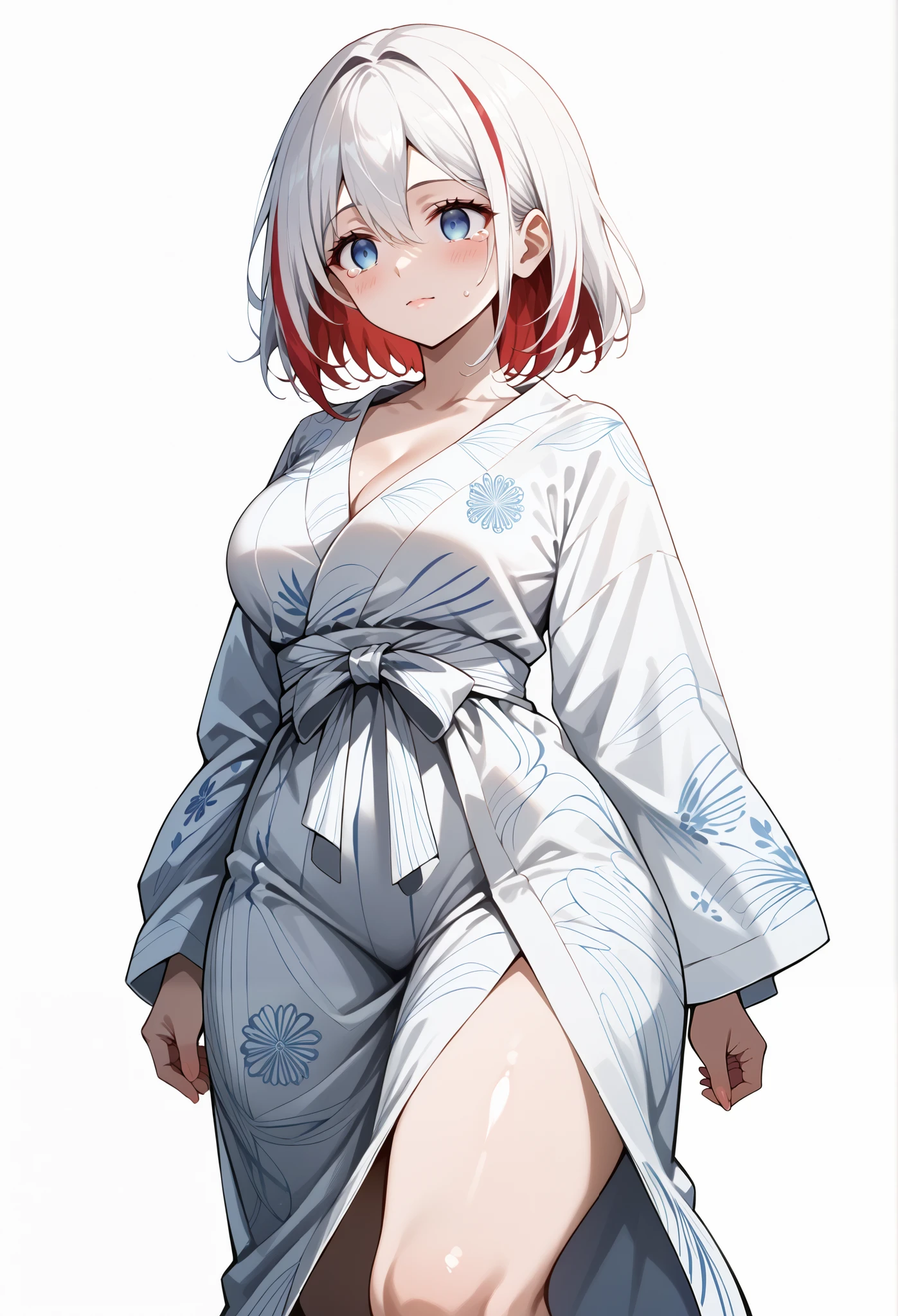score_9, score_8_up, score_7_up, source_anime, 4K,perfect fingers,(perfect hands, perfect anatomy),prefect lighting, very aesthetic, intricate details,highly detailed background, masterpiece, high quality, best quality,
hsr topaz, big butt, blue eyes, hair between eyes, medium hair, white hair, multicolored hair, red streaked hair, red colored inner hair, double-parted bangs, large breasts,,
wearing ((cotton yukata, )),,
empty eyes , Walking, , bare-skin, the groin, blank look, solo, crying, ((White plain background:1.5)) ,