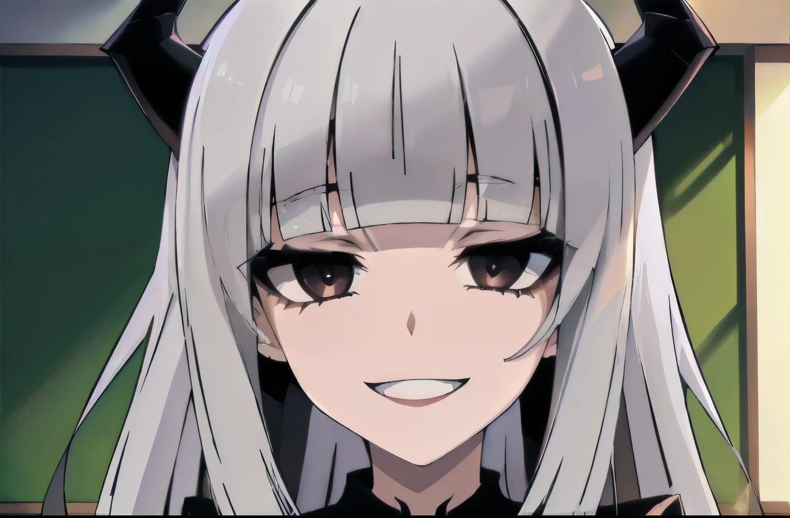 ((1girl spider)), horns, ((((long silver hair)))), (((dark eyes))), (((blunt bangs))), ((spider body)), ((white tights)), ((melhor qualidade)), (((macabre smile))), happy, (((Very happy))), (black School uniform), (detaleidd), perfect face, ((style novel)), beautiful cores, ((anime_collors)), ((in classroom)