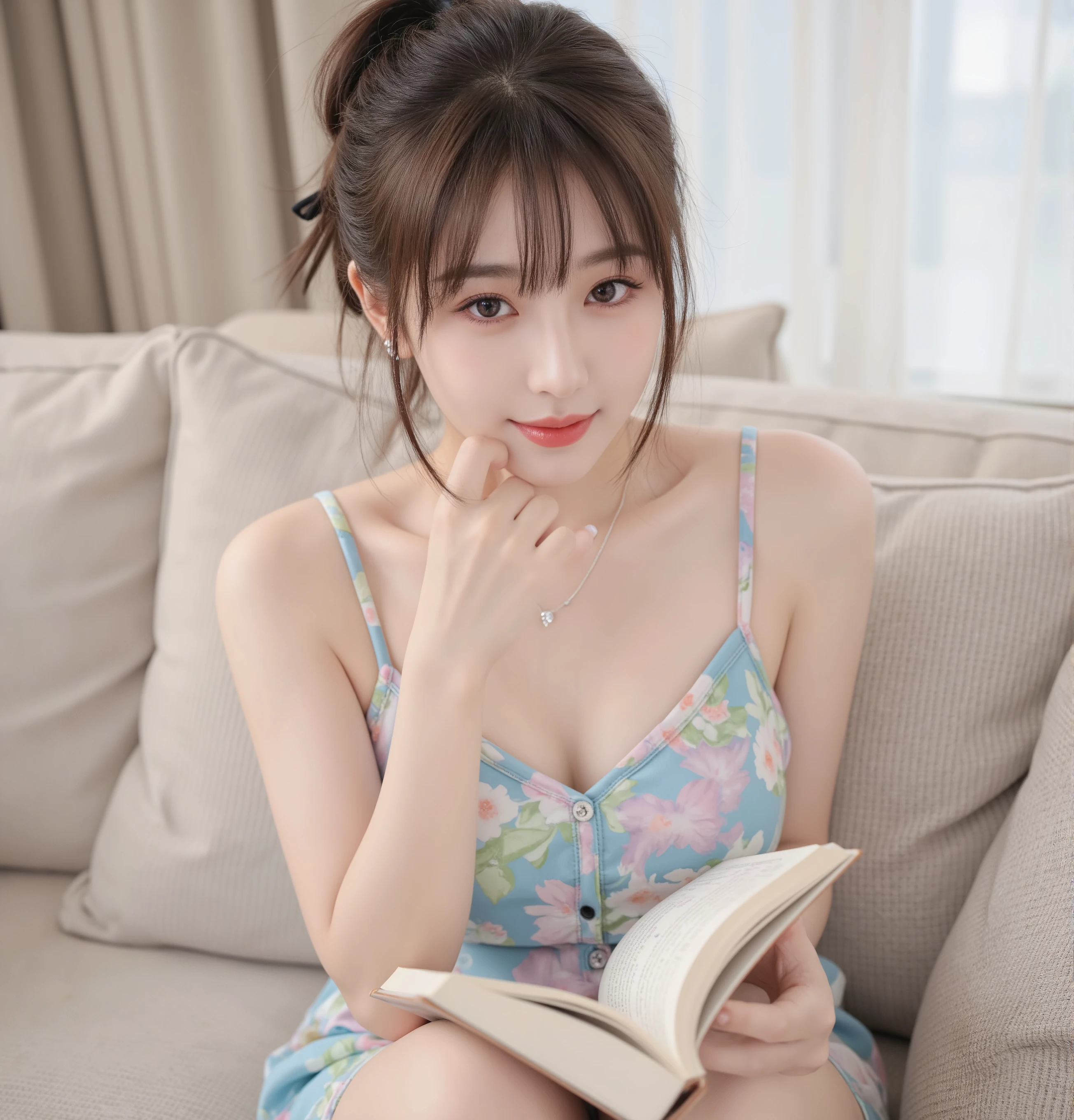 high quality of wavy lines,realistic,Detailed skin texture,Beautiful Japanese 18 year old woman,A pretty expression,seductive smile,virtual YouTuber,4K,fantasy,portrait,details,real,professional,vivid,Bokeh,studio lighting,extreme detail,photo shoot,high dynamic range that closes one eye short ponytail (brown hair 1:2)brown eyes Big cute eyes Young face high nose small mouth long eyelashes double eyelids model figure black ribbon earrings,necklace Natural Makeup 赤い口紅,Big Breasts 1:2,stares at the audience Sexy pajamas colorful nail polish Reading a book while sitting on the sofa upper body zoom up