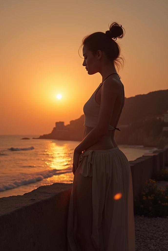 Italian girl, 20 years, innocent, Beautiful, masterpiece, top quality, detailed light, detailed shadows, длинное Dress, смотрит sunset, Sea, sunset, red, Dress