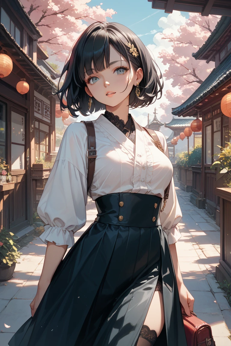 (Masterpiece, Best quality), 1China girl,short detailed hair,Short milky white sleeves，Black pants，chunky,Freckles on the face Blurred foreground, The upper part of the body, Rural old times, ((iintricate, print, Pattern)), pony tails, freckle, Black hair, , cheerfulness,Ghastly，uncanny，Retro