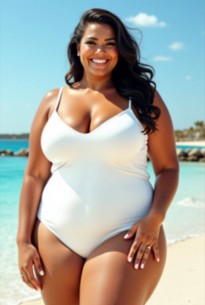 Big ass woman in white swimsuit with big breasts