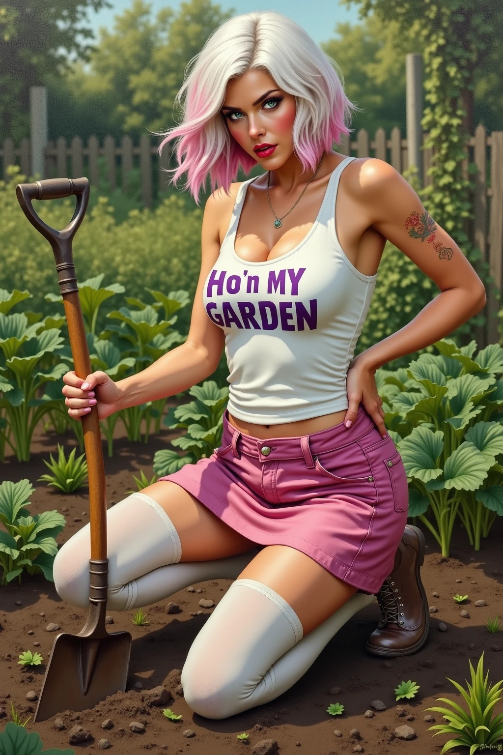 Conjure a sense of community with a photo of a woman with (short light pink hair) (beautiful breasts), volunteering in a community garden. She's donning a (bright teal t-shirt) and (khaki gardening gloves), kneeling as she tends to young plants. The angle is eye-level, showcasing the rows of garden beds and her genuine smile. The soft afternoon lighting highlights the greenery and the dirt on her hands, symbolizing the nurturing care of communal work and the growth it brings
