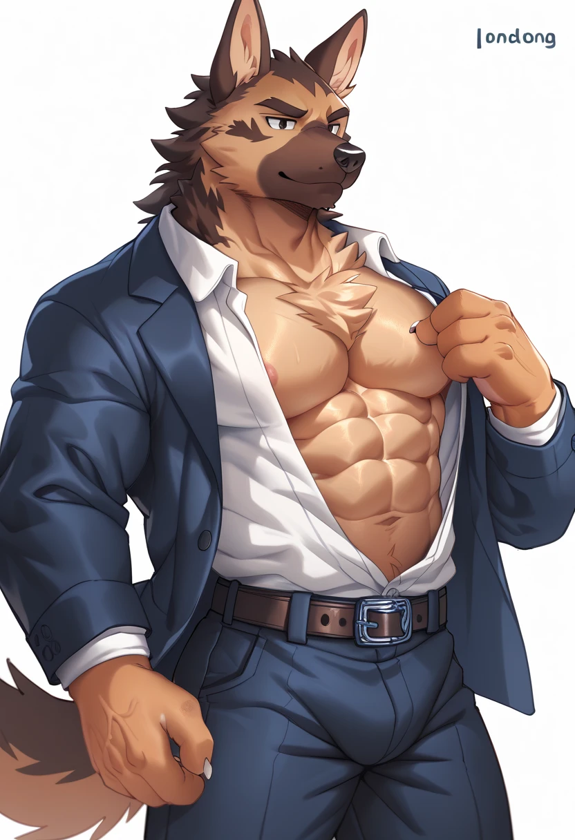 Golden Retriever, good looking, male, anthro, jacket, bikini-cut boxers, ultradetailed, muscular, solo, bareness, rippling muscles, muscles, white background, simple background, bulge, cute, yawning, closed eyes, hands behind head