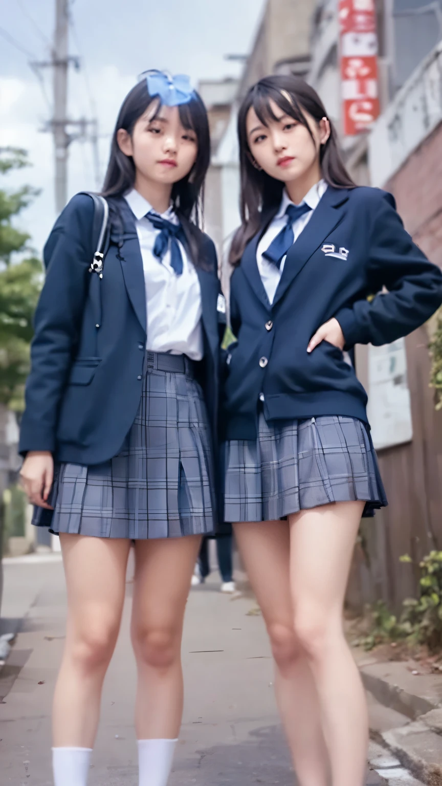 (scene; (2 people:1.8)), Gal, (Shopping mall, Shopping Street, street), (High school girls 2 people), (Standing facing this way, gal pose), (Thin thighs, Long, slender limbs), ((Highly detailed skin), Beautiful realistic face, White skin, Pointed Chest, Perfect Anatomy, Realistic eyes, Natural Eyes, Brown Eyes, Accurate eye focus, Accurate limbs), (Hyper Realist, Ultra-realistic, 4k, Attention to detail, Ultra-high resolution, highest quality, masterpiece, Presence, dynamic, Uplifting, bold, Sharpness), (Huge breasts:1.5), (Cleavage:1.5), (Japanese School Uniform:1.5), Small waist, (Blonde long hair:1.5), (Wavy long hair:1.5), (Curly Hair:1.5), (sleek bangs), (Twin tail hair), (White collared shirt, Pleated mini skirt, Navy colored socks, Black loafers, Ribbon tie), in uniform, Surreal school girl, High waist pleated mini skirt, tall, (Full body photo, Full body image, Full body portrait), in uniform, smile, (Two cute girls standing:1.8),