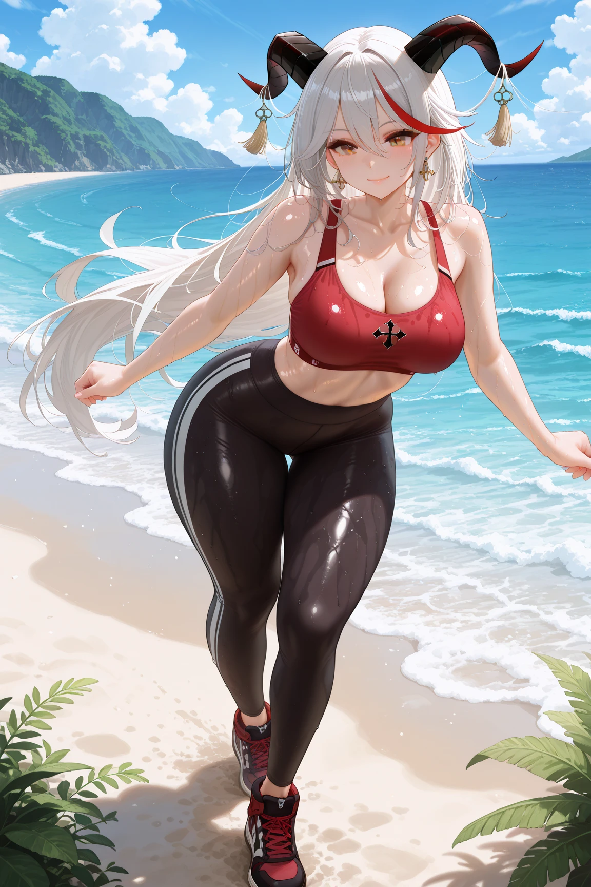 Super-detailed, 8k HD, Shenhe (Genshin Impact), 1 girl, solo, long white hair, detailed hand and face, busty body, curvy body, big breast, large butt, thick thighs, lean abs, small waist, crop top and legging, point of view from her back, arching backward on yoga mat