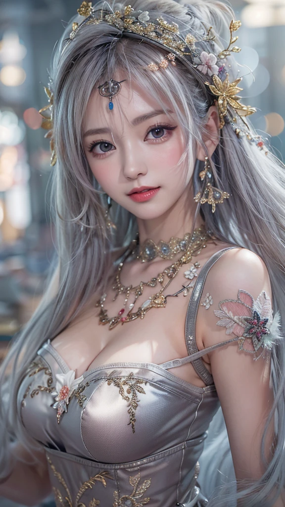 Highest quality、8K masterpiece、Ultra-high resolution、(Photorealistic:1.3)、RAW Photos、1 girl、Silvery white hair、Glowing Skin、Maid clothes、((Ultra-Realistic Details))、Portrait、Global Illumination、Octane Rendering、In 8K、Super sharp、Beautiful breasts、Very intricate details、Realistic Light、CGSoation Trend、Beautiful Eyes、Shining Eyes、To the camera、A nasty smile