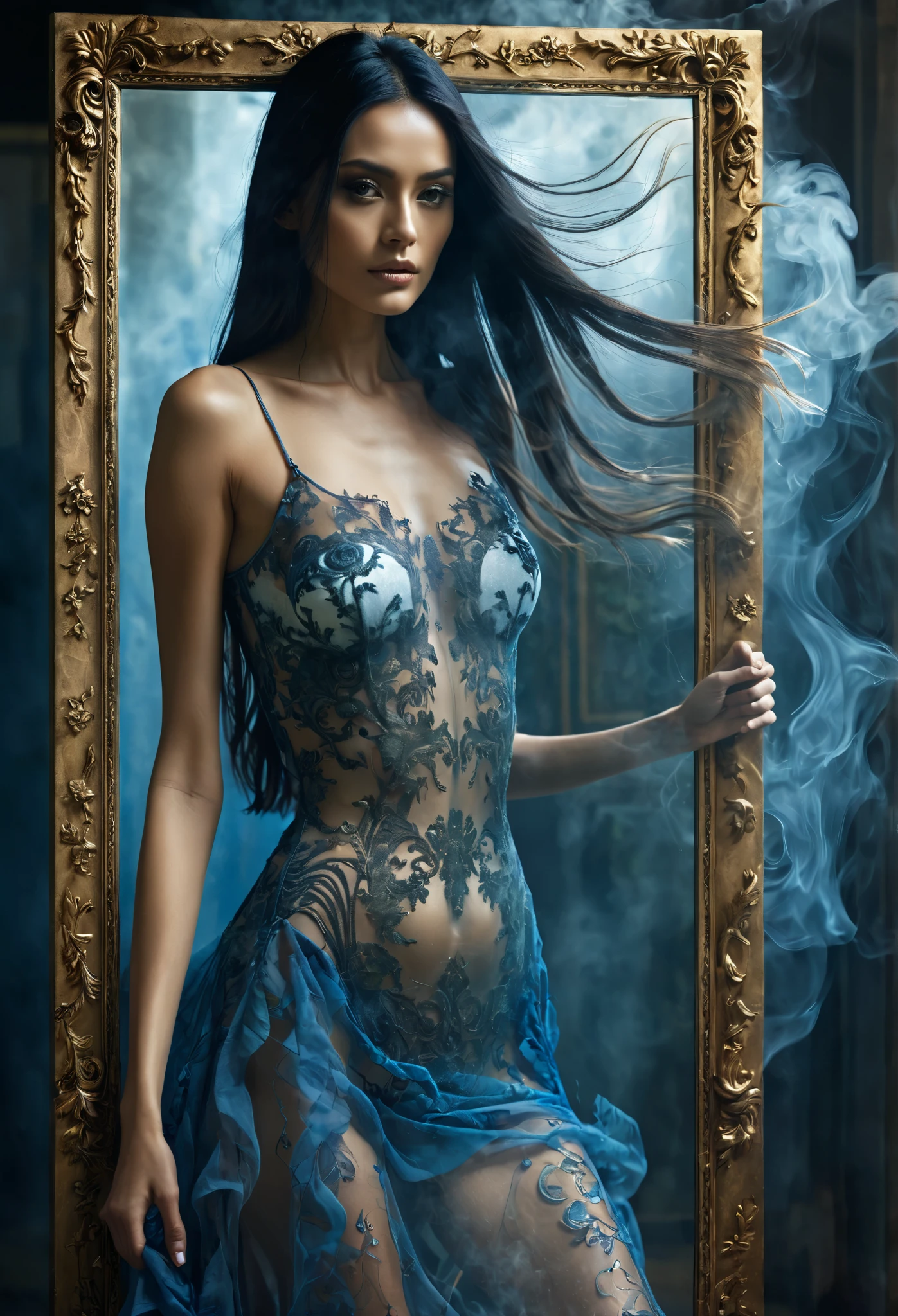 1girl, without underwear , looking in the mirror, playing on reflection, standing, perfect reflection , Perfect body, perfect anatomy, tall golden square frame with carved floral mirror, long black hair, mystical elemental, Ethereal, surrounded by dark smoke, dramatic light, exotic scene, crisp, terrifying, dim light , Super detailed, contract, 8 k, epic realism, fantasy art, photo art . photoillustration of double exposure of merged two different tones , lady, half-faded skeleton spirit, (transparency effect 0.25), symmetrical sagittal cut ((vertical half-cut 1.5))seamless mixed, texture and pattern , ((transparency effect 0.35)), iconic standing-pose stance, (torn dress 1.5) wrapped around blue smoke, dramatic shadows, dramatic lights, intertwining elements, fantasy art, two face tones , two bodies_tones , very much_long hair, flowing hair , opposite-opponent digital manipulated photo art , hyperrealistic, overdetailed, crisp clarity, high contrast, overexposure , luminous atmosphere, rich textures , algorithms, complex , bright colors, cinematic lighting, size b photorealistic bust, precise anatomical proportions.