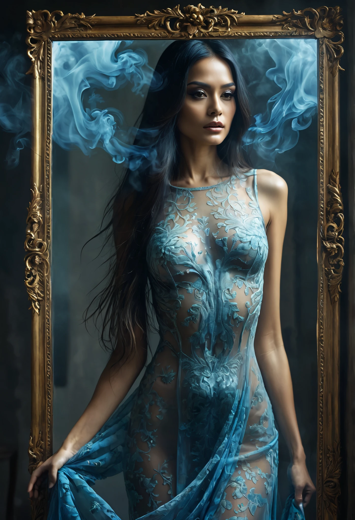 1girl, without underwear , looking in the mirror, playing on reflection, standing, perfect reflection , Perfect body, perfect anatomy, tall golden square frame with carved floral mirror, long black hair, mystical elemental, Ethereal, surrounded by dark smoke, dramatic light, exotic scene, crisp, terrifying, dim light , Super detailed, contract, 8 k, epic realism, fantasy art, photo art . photoillustration of double exposure of merged two different tones , lady, half-faded skeleton spirit, (transparency effect 0.25), symmetrical sagittal cut ((vertical half-cut 1.5))seamless mixed, texture and pattern , ((transparency effect 0.35)), iconic standing-pose stance, (torn dress 1.5) wrapped around blue smoke, dramatic shadows, dramatic lights, intertwining elements, fantasy art, two face tones , two bodies_tones , very much_long hair, flowing hair , opposite-opponent digital manipulated photo art , hyperrealistic, overdetailed, crisp clarity, high contrast, overexposure , luminous atmosphere, rich textures , algorithms, complex , bright colors, cinematic lighting, size b photorealistic bust, precise anatomical proportions.