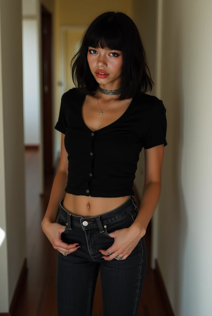 girl, (bob Hairstyle),no bra, cleavage, ((natural big breast, show big thigh, plump body)), ((wearing denim hot pants, bpack stocking, black garter)). Standing pose. Dark background. (Malaysia female).wide view