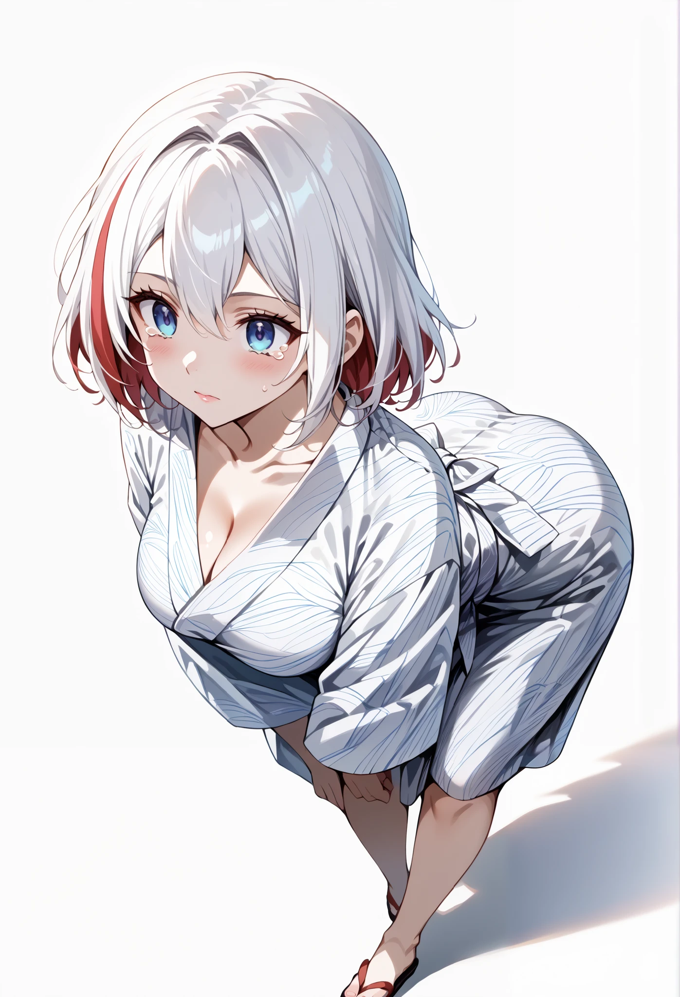 score_9, score_8_up, score_7_up, source_anime, 4K,perfect fingers,(perfect hands, perfect anatomy),prefect lighting, very aesthetic, intricate details,highly detailed background, masterpiece, high quality, best quality,
hsr topaz, big butt, blue eyes, hair between eyes, medium hair, white hair, multicolored hair, red streaked hair, red colored inner hair, double-parted bangs, large breasts,,
wearing ((cotton yukata, )),,
empty eyes , Walking, , bare-skin, the groin, blank look, solo, crying, ((White plain background:1.5)) , ((leaning forward:1.3)), ((High Angle View:1.4)),
