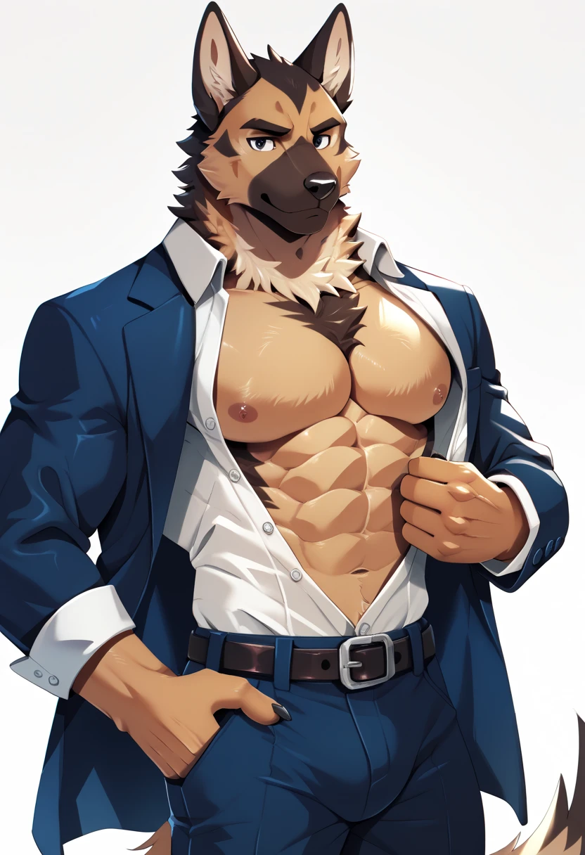 white background, front view, flexing, muscles, masculine, pubic hair, muscular, long white hair, navel hair, beard, furry, wolf, long tail, male, sweat, sweating, wearing boxer briefs, wearing suit(shirtless, suit, open suit, handsome), looking at viewer, smiling, blushing, cool, handsome