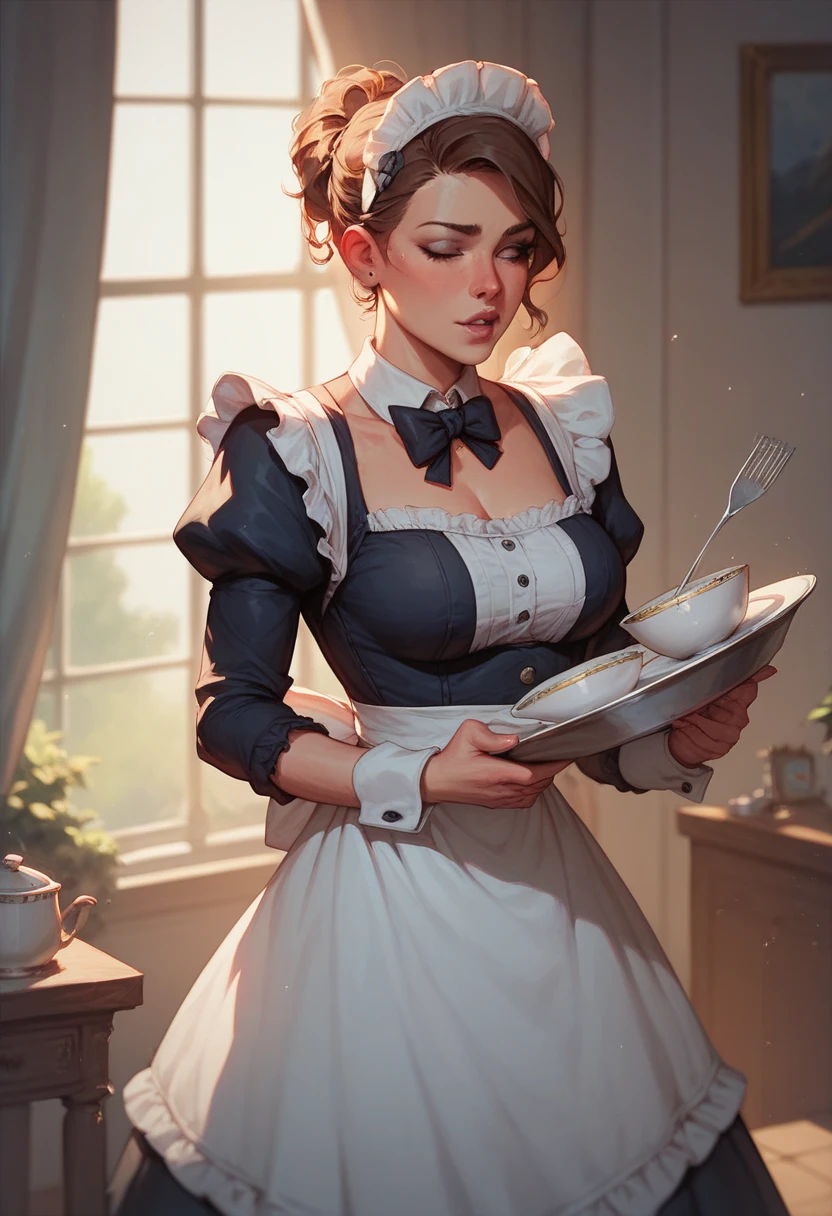 Full body shot of a curvaceous, voluptuous, buxom Victorian widow standing in her kitchen looking out of the window, by Jean Béraud, inspired by Jean Béraud, inspired by Édouard Detaille, edouard leon cortes, inspired by Ivan Kramskoi, inspired by Jean-Louis-Ernest Meissonier, by Édouard Detaille, inspired by Paul Émile Chabas, opulent updo hairstyle, white apron