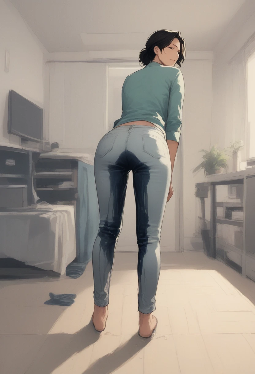 <lora:golden-nectar-xl-pony-beta1:1> 1girl, solo, standing, from behind, wetting self, pants, jeans, source_anime, score_7_up