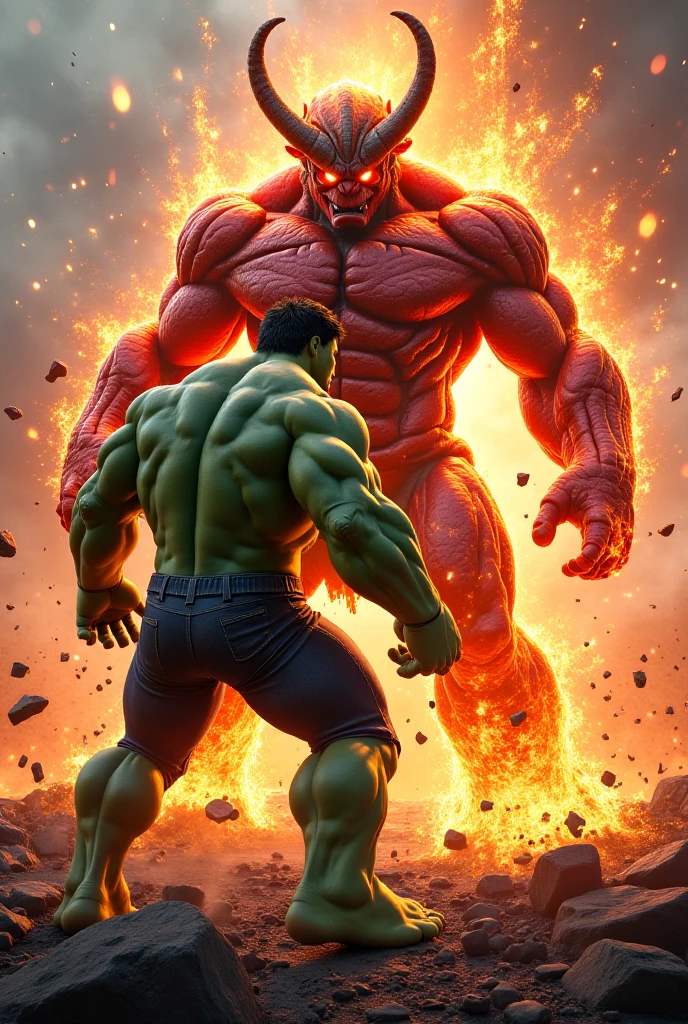 Haz a Hulk peleando contra un hombre alto muscular , long blonde hair, muscular, that he has black pants and black boots, and has tattoos with red demonic symbols, is has red energy powers