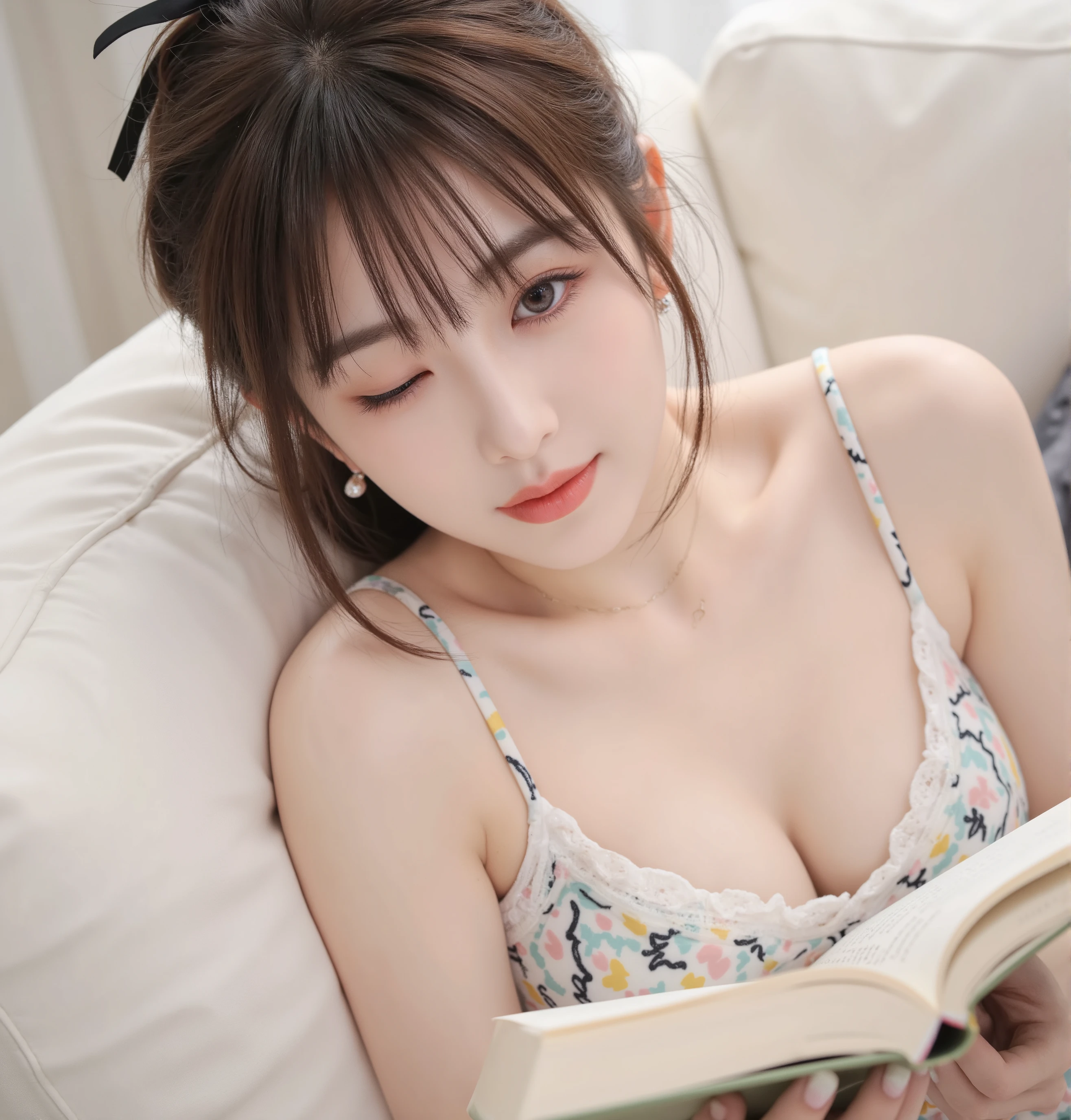 high quality of wavy lines,realistic,Detailed skin texture,Beautiful Japanese 18 year old woman,A pretty expression,seductive smile,virtual YouTuber,4K,fantasy,portrait,details,real,professional,vivid,Bokeh,studio lighting,extreme detail,photo shoot,high dynamic range that closes one eye short ponytail (brown hair 1:2)brown eyes Big cute eyes Young face high nose small mouth long eyelashes double eyelids model figure black ribbon earrings,necklace Natural Makeup 赤い口紅,Big Breasts 1:2,Sexy pajamas colorful nail polish Reading a book while sitting on the sofa upper body zoom up