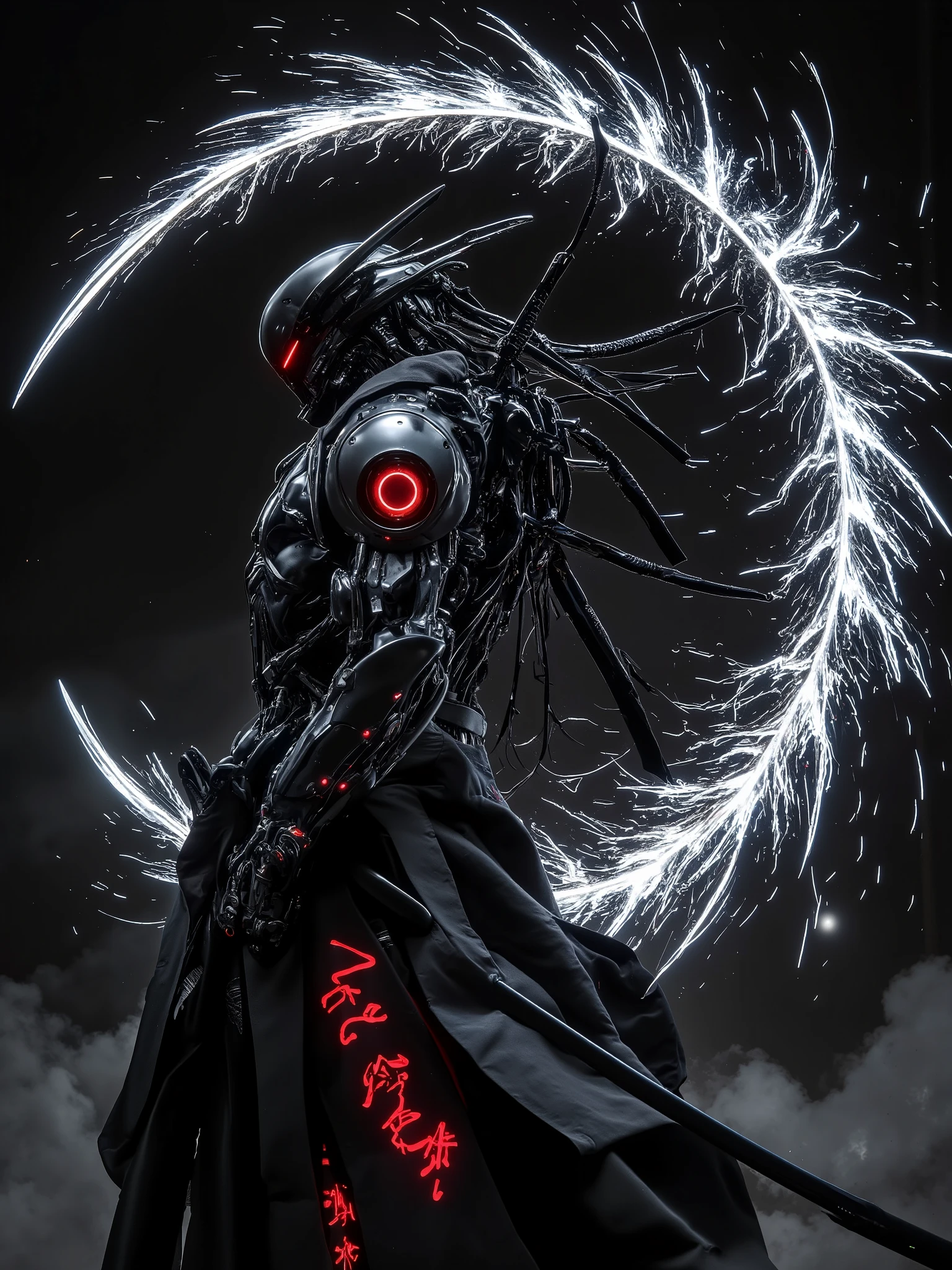 . "A cybernetic samurai, clad in sleek black armor with glowing red engravings, unsheathes his plasma katana. As he swings, a crescent-shaped energy wave erupts, cutting through metal, air, and even space itself, leaving a glowing trail of destruction."