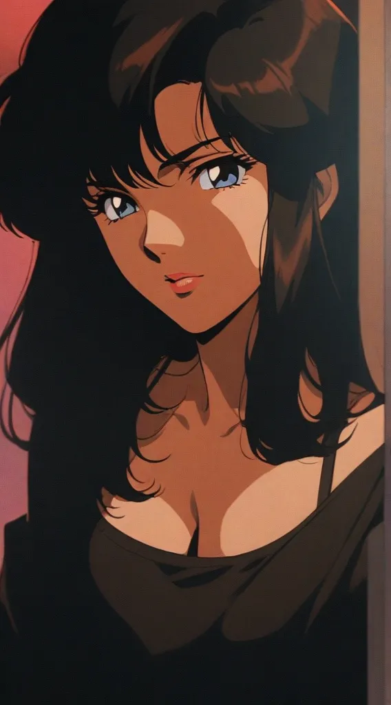 1990s \(style\), 1girl, solo, breasts, looking at viewer, short hair, open mouth, medium breasts, shirt, black hair, bare shoulders, brown eyes, upper body, hairband, open clothes, sleeveless, black eyes, parted lips, open shirt, no bra, makeup, underboob, headband, undressing, against wall, faye valentine