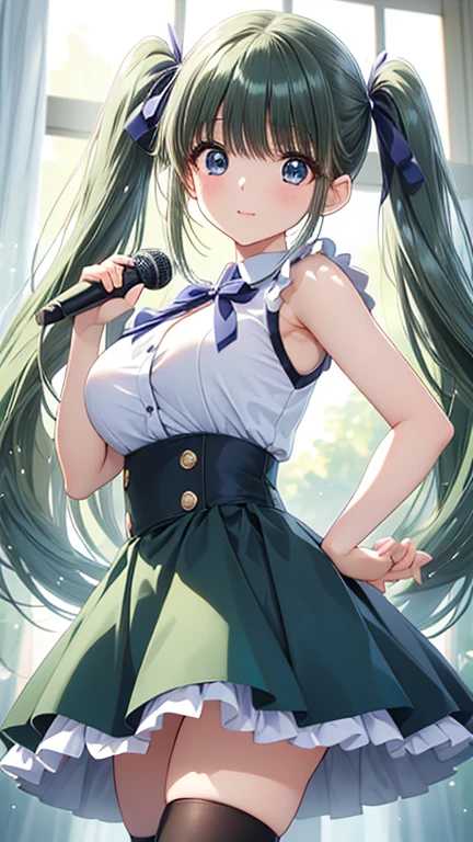 masterpiece, best quality, kumashiro maya, 1girl, solo, (skirt lift:1.2), breasts, cleavage, long hair, white headband, parted bangs, blue eyes, looking at viewer, sweat, large breasts, flashy gyaru, happy, showy,too many accessories, colorful , kogal, kogal gyaru, idol, (school festival frilled costume:1.3), (mini skirt:1.3), (tartan skirt), zettai ryouiki, bow tie, (button gap:1.1), sleeveless, cuffs, tights, on stage, spotlight, holding microphone