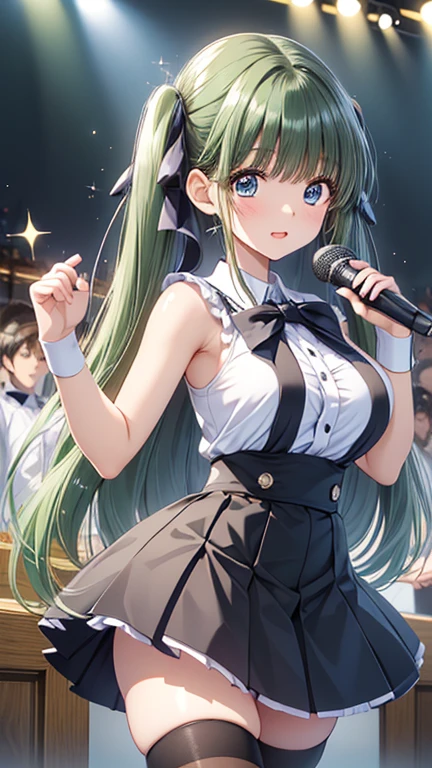 masaokamai, green hair, grey hair, grey eyes, black eyes,, large breasts, live stage,