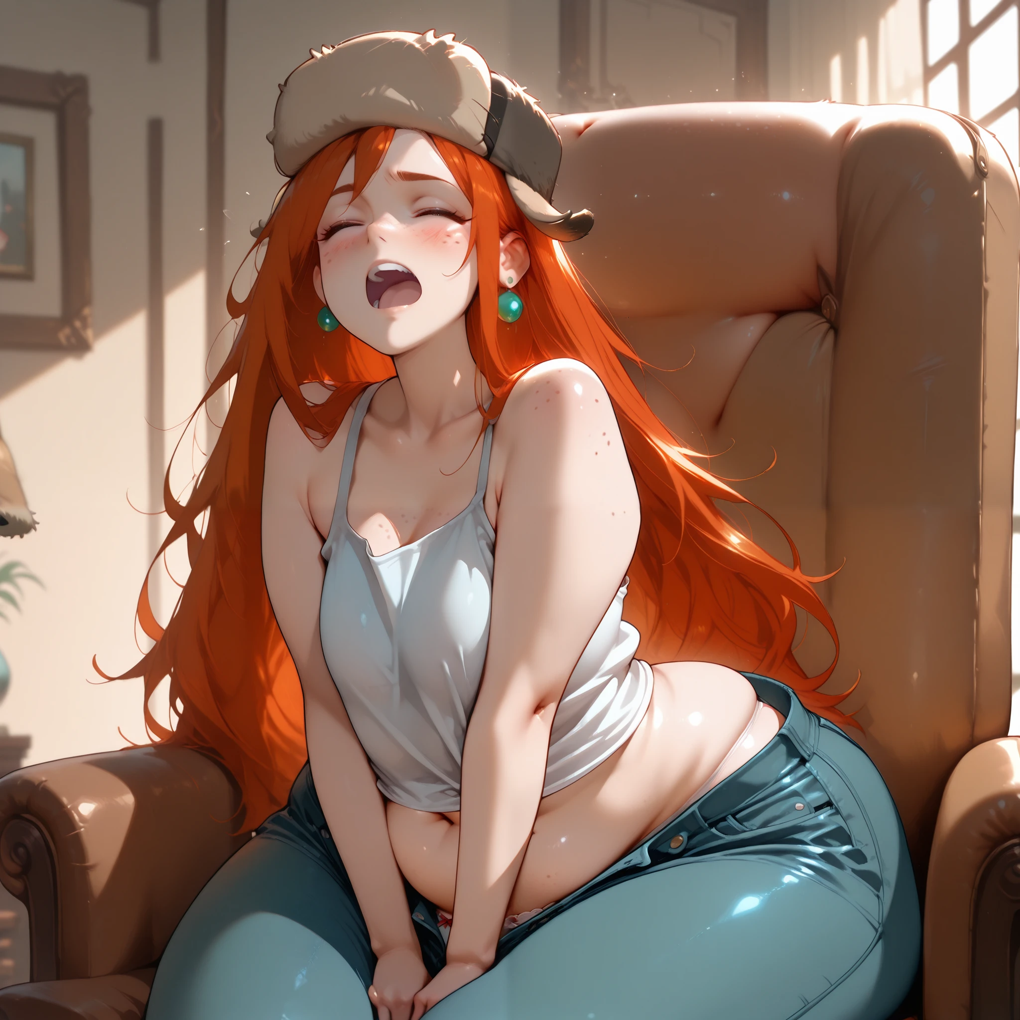 wendy, long hair, source_anime, fur hat, 1girl, orange hair, solo, freckles, earrings,, tank top, tight jeans, love handles,, long hair, ,() (arched back:1.1) ,(specular and volumetriclighting), plump body, (bottom heavy:1.3), sensual emotions, (sitting in an old armchair), plump arms, (hands between legs, visible underwear) , (midriff peek), fat legs, fat hips, , (blush, eyes closed, open mouth), looking at viewer, (), (unbuttoned pants pulled down)