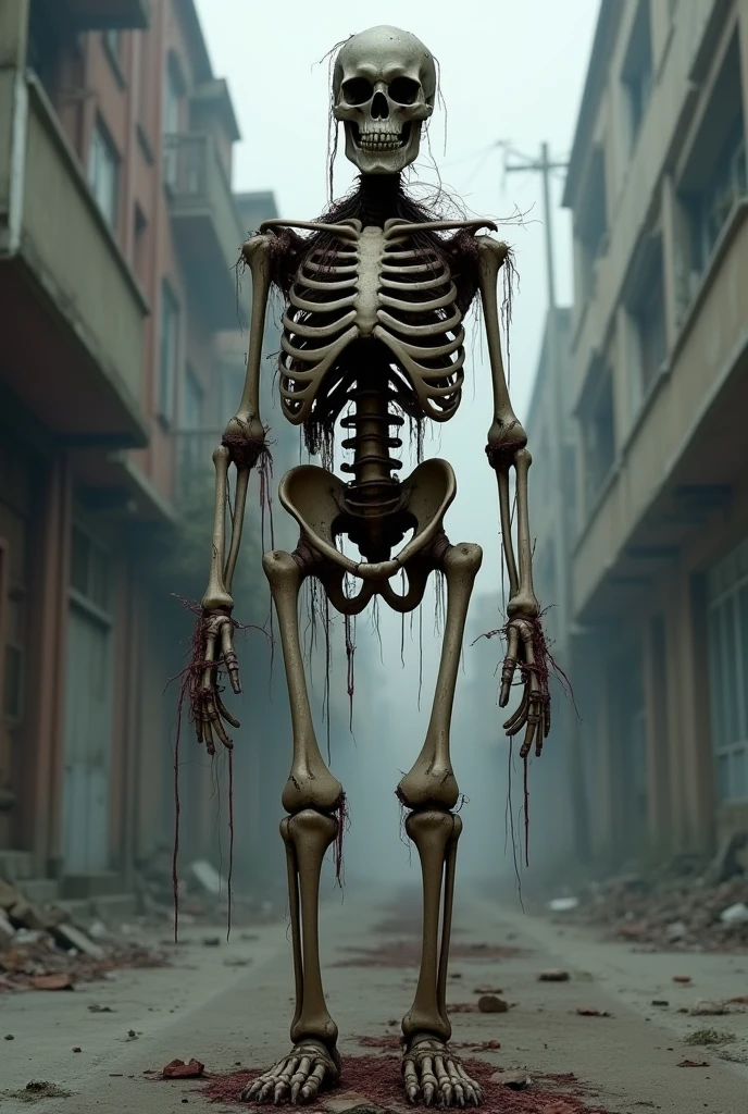 A skeletal woman, with long hair, dissected body, with the old and torn shed, standing in the middle of the deserted street, Nevoa.