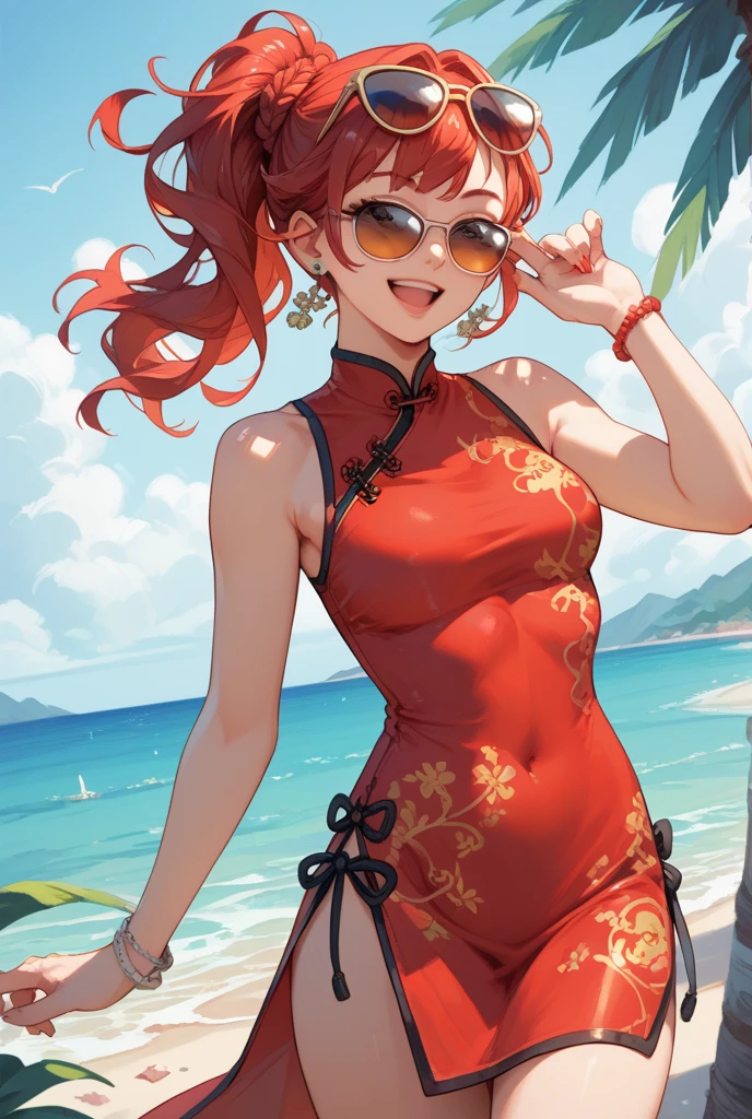 Beautiful Korean woman, Red hair beautiful figure, cute butt. pink bikini, wedge heels, (smile). Masterpiece, best quality,(highly detailed:1.2),(detailed face and eyes:1.2), 8k wallpaper, natural lighting. core shadows, high contrast, bokeh.