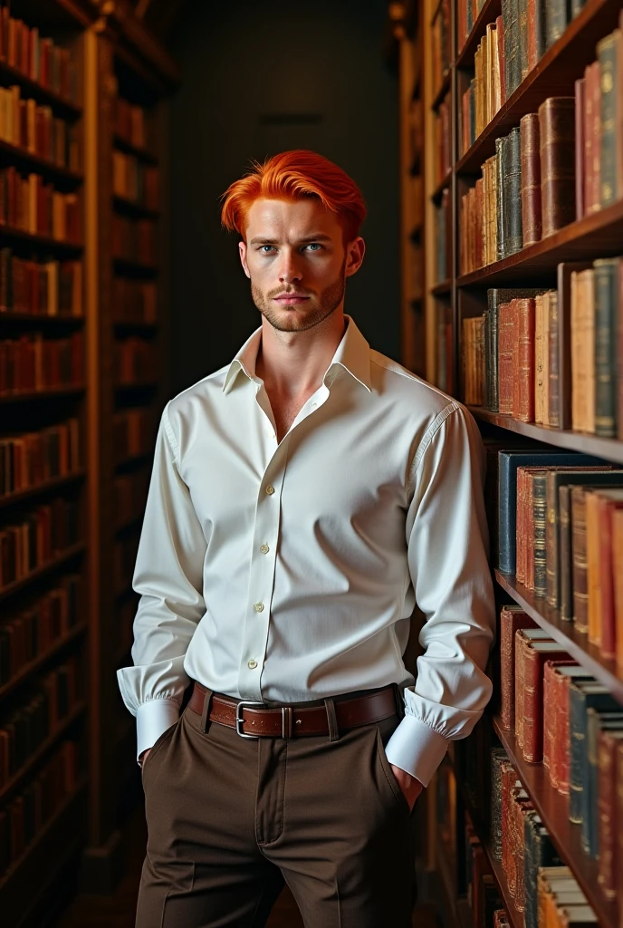 masculine, masterpiece, Hyperrealistic image of a sexy 30-year-old albino man., redhead, short hair, wearing glamorous white sorcerer&#39;s robes, exposed chest, underwear, underwear sexy, seductive pose, magical glowing arcane sigils, a hand holds a green flame, looking directly at camera, Cheek Smile, Very detailed, intricate details, sharp focus, dynamic lighting, dynamic shadows, without watermark