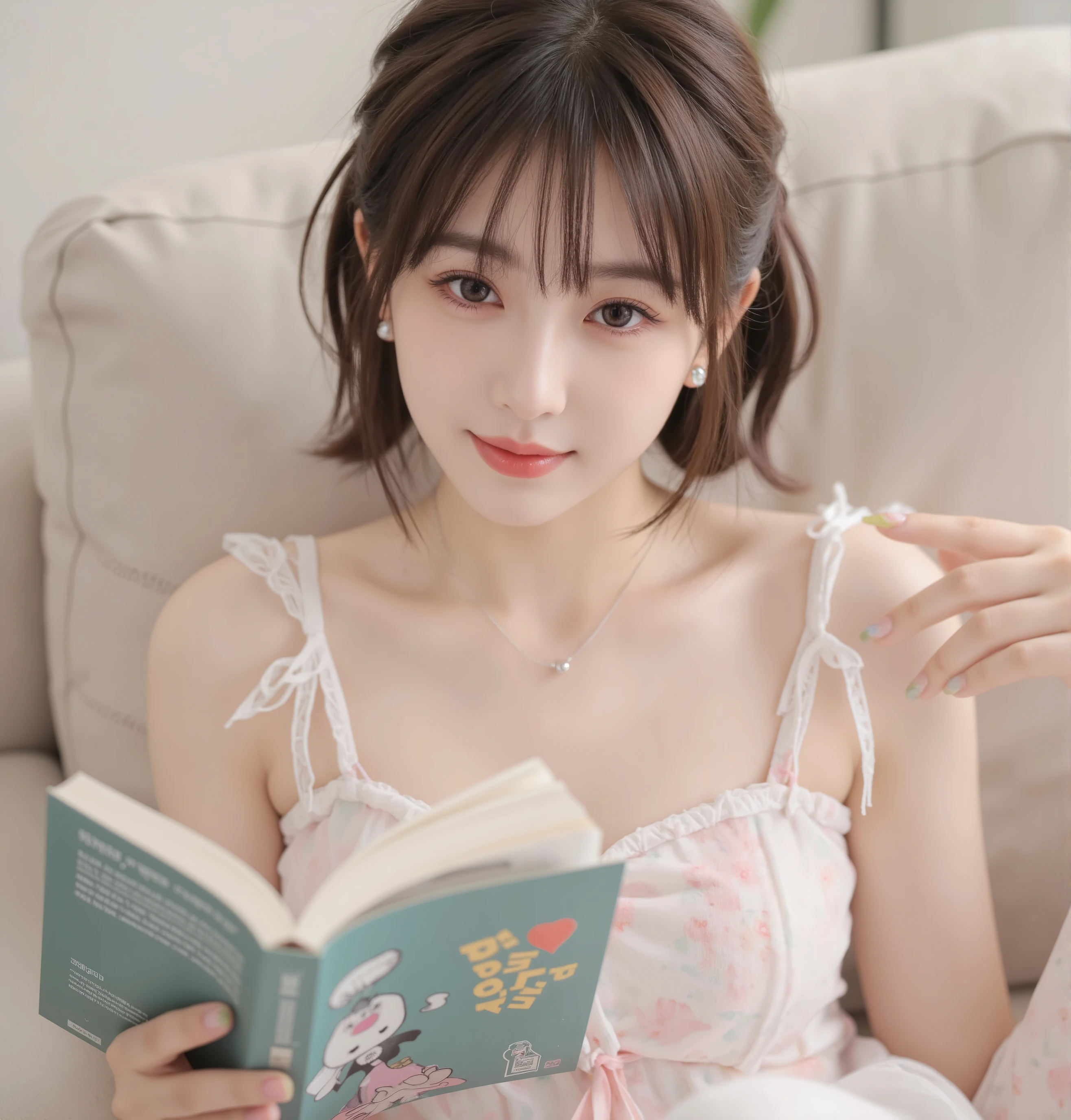 high quality of wavy lines,realistic,Detailed skin texture,Beautiful Japanese 18 year old woman,A pretty expression,seductive smile,virtual YouTuber,4K,fantasy,portrait,details,real,professional,vivid,Bokeh,studio lighting,extreme detail,photo shoot,high dynamic range that closes one eye short ponytail (brown hair 1:2)brown eyes Big cute eyes Young face high nose small mouth long eyelashes double eyelids model figure black ribbon earrings,necklace Natural Makeup 赤い口紅,Big Breasts 1:2,Sexy pajamas colorful nail polish Reading a book while sitting on the sofa upper body zoom up
