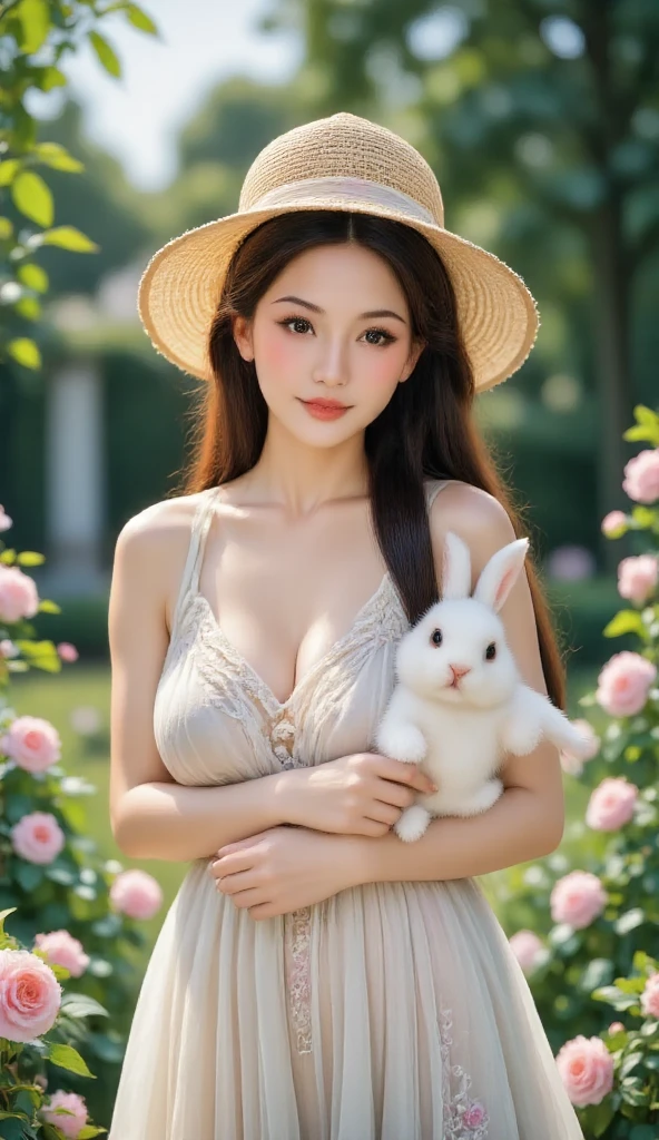 Highest quality,High resolution,Woman holding a white sheep,Clear eyes are cute,Sexy fluffy sheep's wool leotard:1.5,Her long hair that reaches down to her waist is fluttering:1.5,There are lots of sheep's fluff flying around:1.7,The background is a meadow
