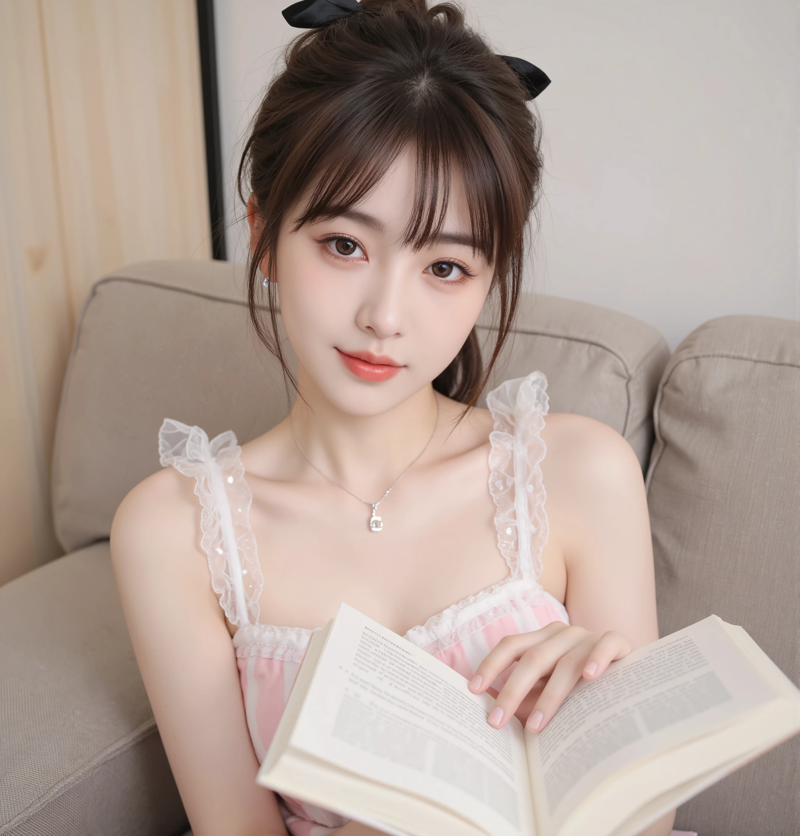 high quality of wavy lines,realistic,Detailed skin texture,Beautiful Japanese 18 year old woman,A pretty expression,seductive smile,virtual YouTuber,4K,fantasy,portrait,details,real,professional,vivid,Bokeh,studio lighting,extreme detail,photo shoot,high dynamic range that closes one eye short ponytail (brown hair 1:2)brown eyes Big cute eyes Young face high nose small mouth long eyelashes double eyelids model figure black ribbon earrings,necklace Natural Makeup 赤い口紅,Big Breasts 1:2,Sexy pajamas colorful nail polish Reading a book while sitting on the sofa upper body zoom up