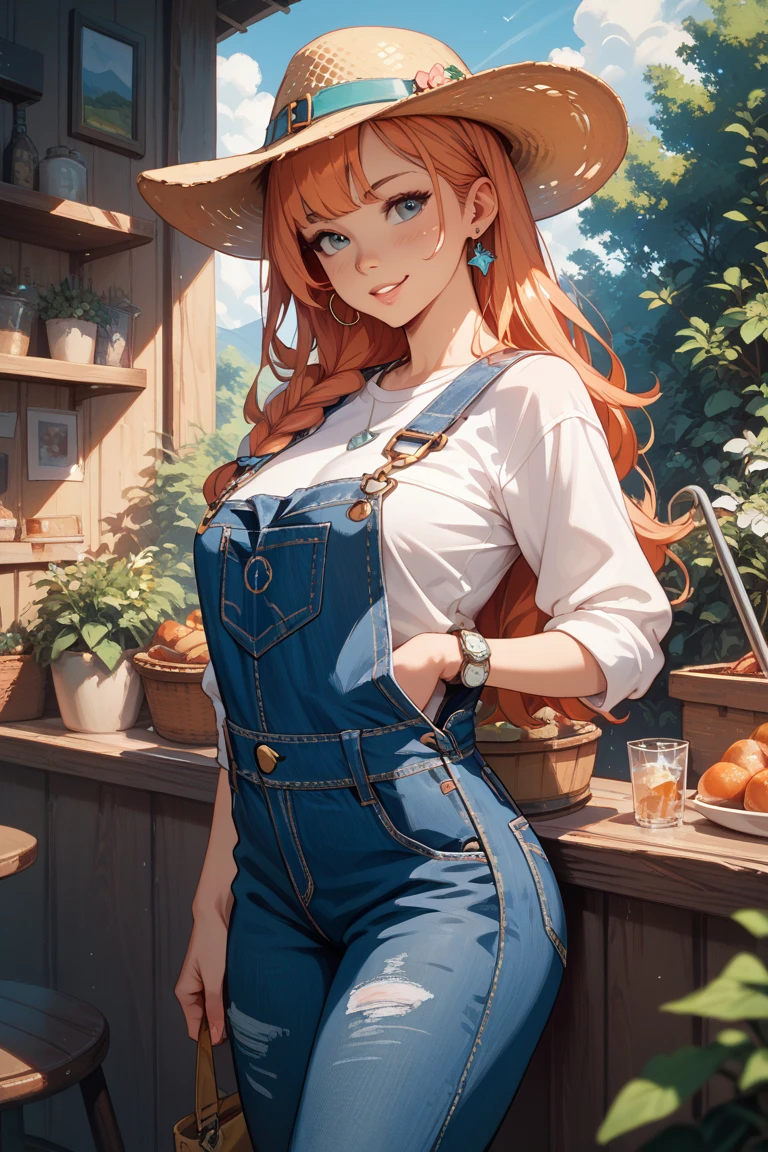 ((masterpiece)), ((best quality)), (ultra-detailed), ((kawaii)), ((cinematic light)), ((extremely detailed)), (8K), best quality, (beautiful), anime style, half body, from above, cute girl, 1girl, solo, (blush), ((overalls without shirt, farm hat)), beautiful ginger hair, beautiful blue eyes)), white-skinned, long hair, parted bangs, (large breast), (cleavage), (bare shoulders, bare arms, bare legs, farm
