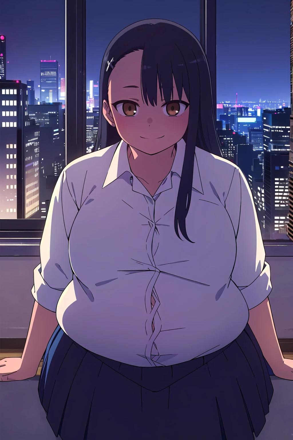 ((Masterpiece, Best Quality)),
stand in center of screen,(from head to shin),
1girl, Ai Hoshino,shiny skin,
(Hoodie),Open white coat,
(impossible clothes,silhouette),
(Stars in the Eyes,sparkle in the eyes,
clear eyes, beautiful six-pointed star eyes),
((colossal breasts, pregnant)),open mouth,smile,
black pantyhose,(hair ornaments),
City,street,(from front),
