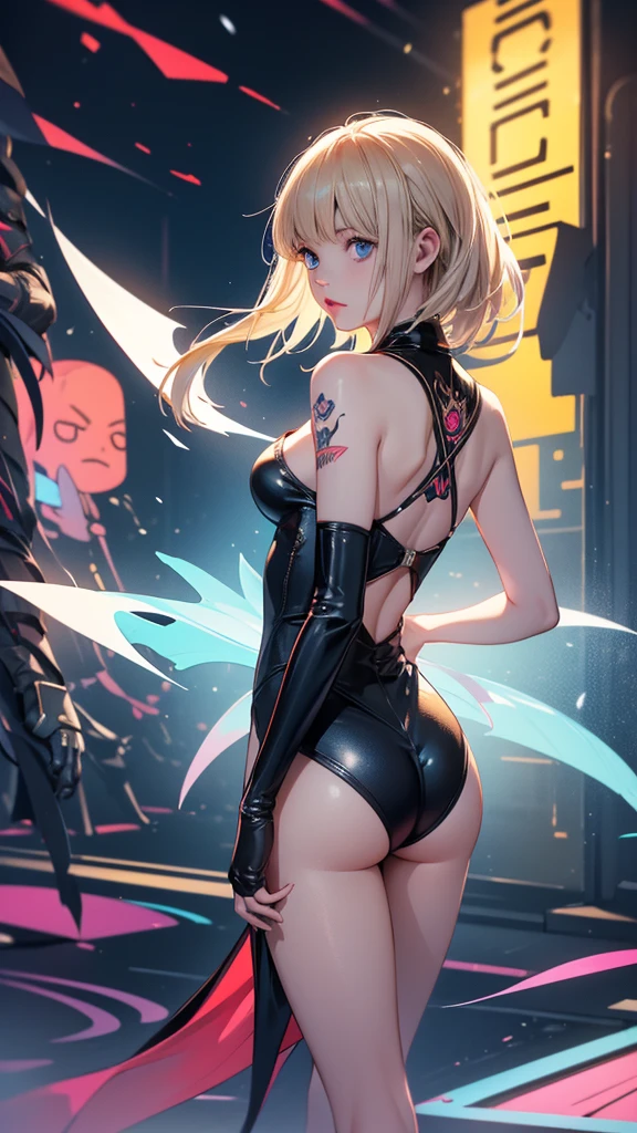 (masterpiece),(Full Body View),(Scarlett Johansson),(Short Platinum Blonde Hair),(Detailed Ass),(Detailed Green Eyes),(Detailed Nose),(Detailed Lips), toned back, wide hips,(Detailed Thighs),(Athletic Figure)Assertive Glance: Black Widow stands with her back to the viewer, her tight suit revealing the shape of her buttocks. With a confident glance over her shoulder and a subtle smirk, she asserts her presence with effortless grace and allure.,