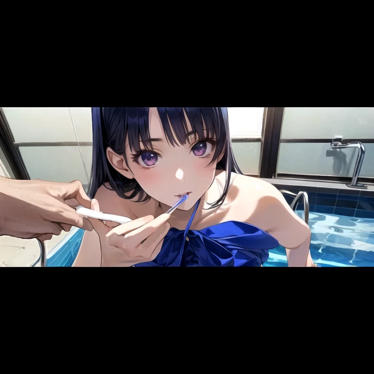 score_9_up, score_8_up, score_7_up, 1girl, solo, mature female, Eida, looking at viewer, blue long hair, blue eyes, pink lips, parted lips, fit slim body, perfect medium erected breast,((yacht deck with pool)), perfect model body, (((sucking penis deeply)))(((penis deeply in her mouth)))(((hands on her head)))(((POV)))