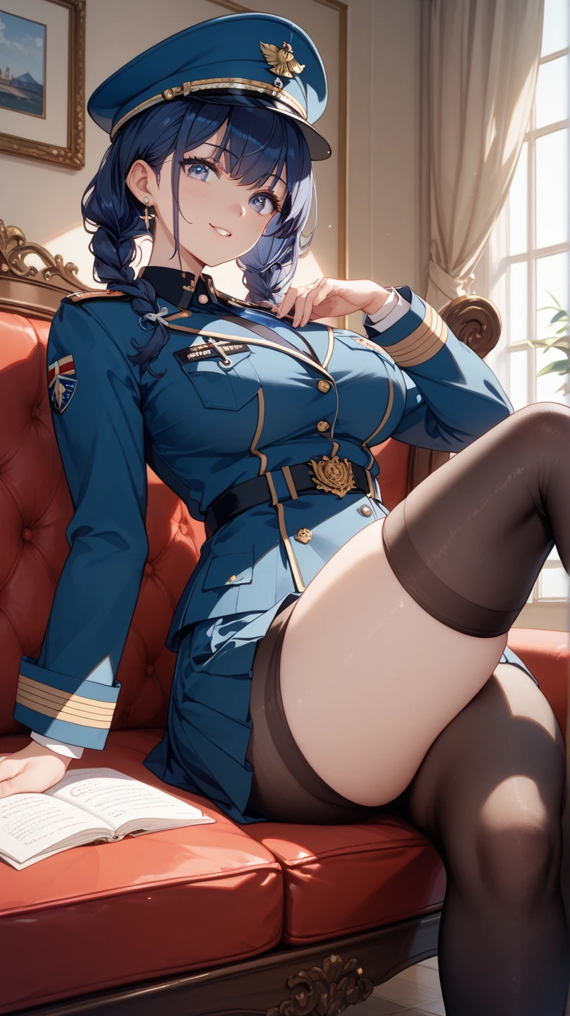 Anime girl in uniform sitting on sofa with legs open, fine details. Girls Frontline, blue uniform, wearing soldier uniform, uniform, infantry girl, wearing military uniform, wearing black military uniform, girl front line style, girl wearing uniform, wearing military uniform, highly detailed official artwork, JK uniform, from girl front line, officer, wearing military uniform and lace panties, sitting, (panties are tucked into the crotch:1.2), Panty shots, spread legs, skirt, school uniform, white panties,