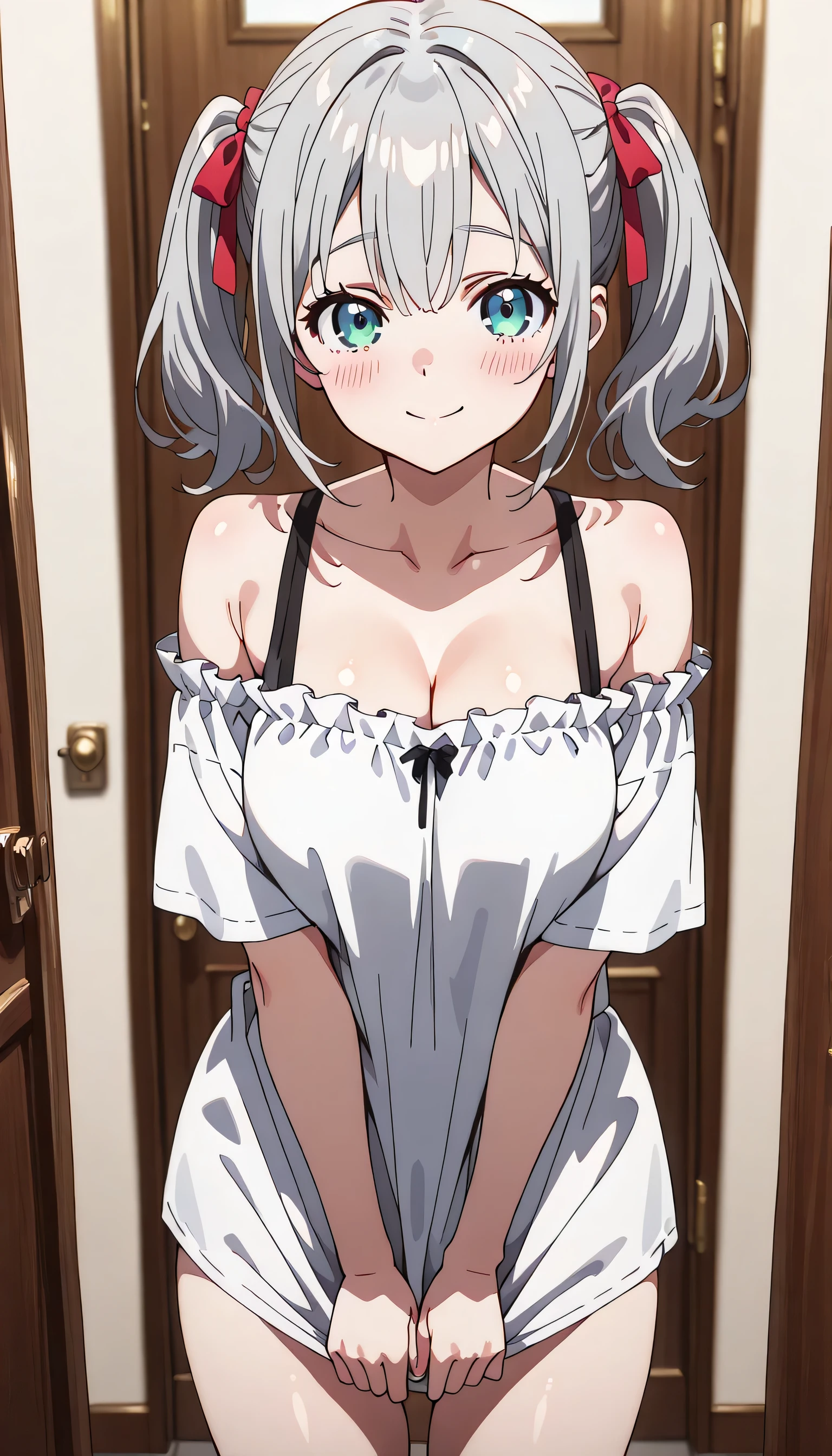 ((ultra-detailed)), (highly detailed CG illustration), (best quality:1.2), ultra-highly detailed, colorful composition, artistic photoshoot, 1girl, solo focus, ((cowboy shot:1.4)), moe anime character, girl, dainty facial structure, (baby face), (round face), ((rounded chin:1.2)), Shirt, shoulders, ((silver hair)), two side up, collarbone, hair ribbon, white shirt, ruffles, off-shoulder, red ribbon, short twin tails, off-shoulder shirt, ruffled shirt, ((smile:1.2)), ((blush:1.4)), ((looking viewer)), ((lovely background)), from front, best quality, masterpiece, expecting, pink cheek, blush, light pink gloss slip, portrait, depth of field, soft lighting, sidelighting, (shine), lighting, caustics, ray tracing, perfect face, lustrous skin, highly detailed face, perfect face, perfect nose, perfect hair, perfect anatomy, beautiful hair, beautiful small face, extremely detailed face, beautiful clavicle, beautiful body, beautiful ample breasts, leavage, breasts squeezed together, equalize the size of the left and right breasts, beautiful fingers, 4 fingers, 1 thumb, lovely, (very detailed background:1.0), (highly detailed background:1.0), spring aesthetic, intricate details, joyful atmosphere, spring colors palette, chromatic aberration
