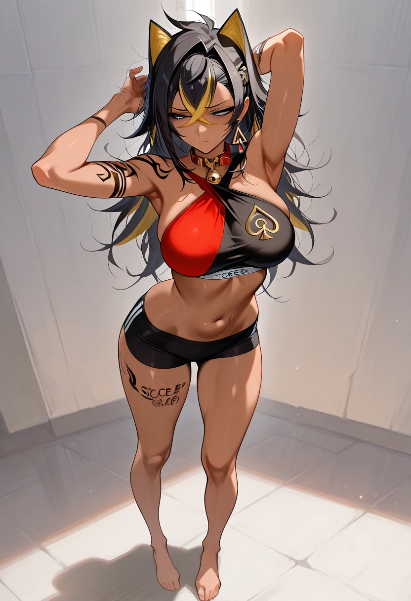 masterpiece, detailed, best quality, beautiful girl, school swimsuit, shackles, stocks, troubled face, dark dungeon, (prison), legend of queen opala, 1girl, osira (character), black hair, darkskinned female, yellow eyes, blunt bangs, big breasts, amused expression, looking at viewer