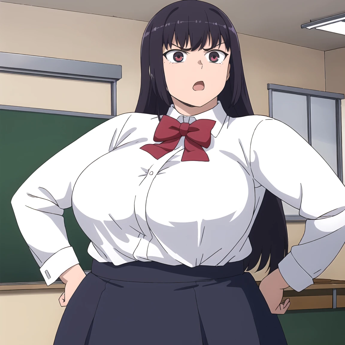 ((best quality)),((Highly detailed)),Masterpiece,Absurds,detailed face,beautiful face,(detailed eyes, deep eyes),a girl(big fat body),((Dynamic Pose truck)), shirt de vestir sana , purple hair, long hair, Alone , ojos rojos, school uniform, open-mouthed, bow, Big Breasts,(clothes that fit your big, fat body size), chalkboard, classroom, Cowboy shot, school, indoors, hand on hip, Desktop, shirt, angry, looking at the spectator, dress shirt