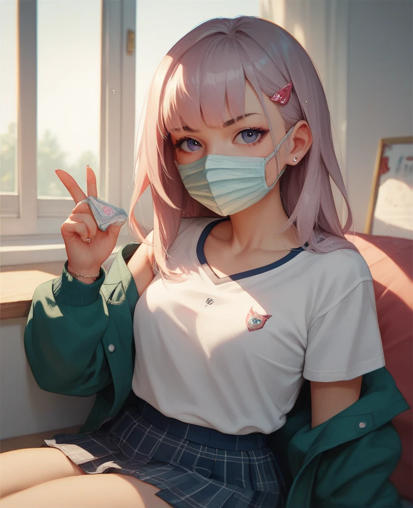beautiful girl alone, ((face mask: 1.2)), shining pink eyes,troubled face, beautiful flash, heavy breathing, Liar,short skirt, T-shirt, on the bed, detailed beautiful background, High resolution, 8K Ultra HD, 3D effect, soft animated tone, Kyoto Animation - Atmosphere, Luminescent, 3D effect, Luminescent, 3D rendering