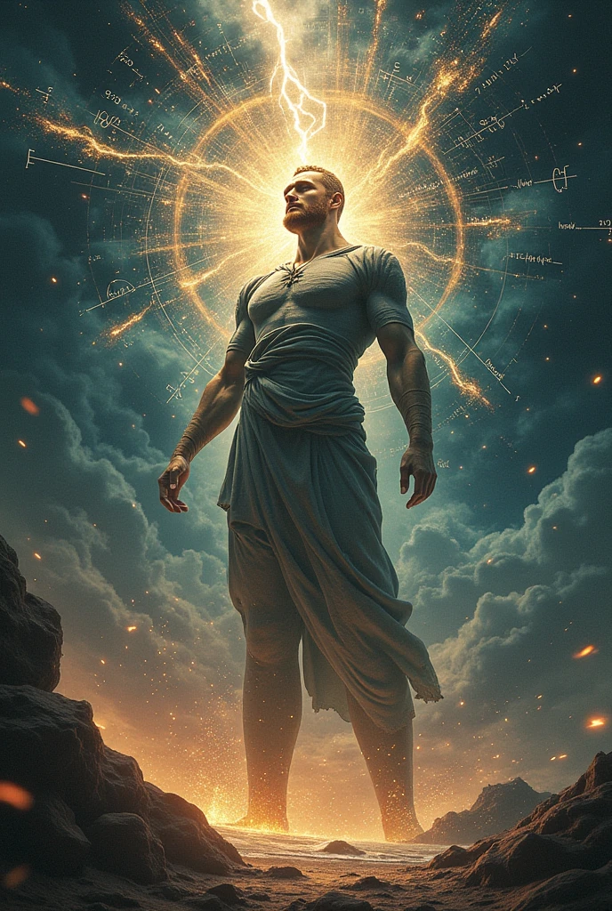 Depict Shu in the dramatic act of separating the sky from the earth in Egyptian mythology. Shu is shown with his arms extended upward, holding the sky, his muscles tensed with the divine effort. His attire is minimal, with a simple white kilt, and his body is covered in symbolic tattoos representing air and breath. The earth below him is lush and green, while the sky above is a vibrant blue with stars just beginning to appear. Use masterpiece, best quality, CG, wallpaper, HDR, high quality, ultra detailed face, cinematic, high detail, 8k, raw, high, artstation HQ, unreal engine, octane renderer, 4k resolution, hyperrealistic, highly detailed, and absurdres settings