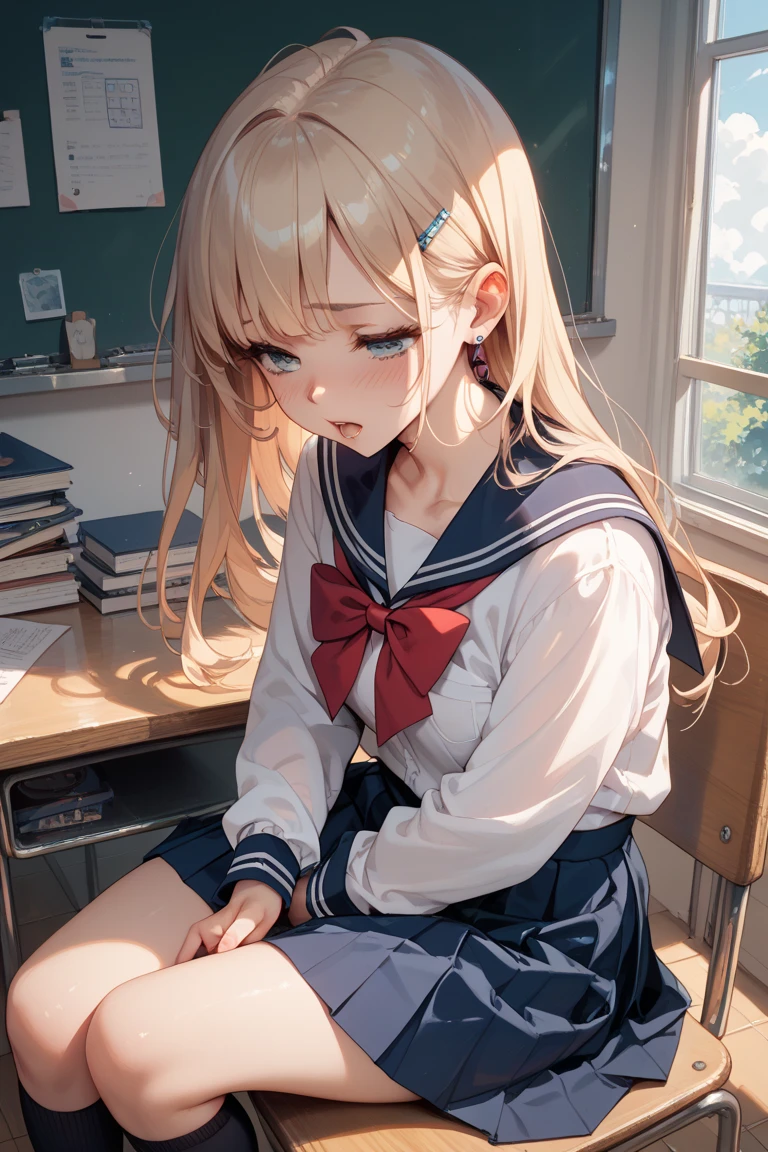(masterpiece:1.2, highest quality), (Realistic, photoRealistic:1.4), Beautiful illustrations, (Natural Side Lighting, Cinema Lighting),
avert your eyes, look down, (Face Focus, Extreme Close-up), 1 girl, Japanese, high school girl, Perfect Face, (Perfect Anatomy), Cute and symmetrical face, Shiny skin,
(Blonde), Asymmetrical bangs, Dark red eyes, Long Eyelashes, (Medium chest, Captivating thighs, Big Ass),
Beautiful Hair, Beautiful Face, Beautiful fine details, Beautiful clavicle, Beautiful body, Beautiful breasts, Beautiful thighs, Beautiful feet,
((Very detailed costume, White collared shirt, navy pleated skirt, Dark red bow tie)), Navy School Bag,
(Beautiful views), Depth of written boundary, evening, (School corridor), Head Down, (Are crying, tears, close your eyes, Open your mouth),