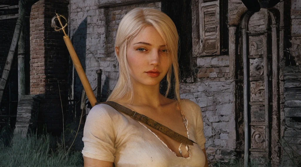 Ciri from The Witcher in a village against the background of a wooden house. Looks seductive naked, breasts visible, nipples art 3D realism super-realism porn hentai erotica drawn in detail hands face fingers against the backdrop of the village