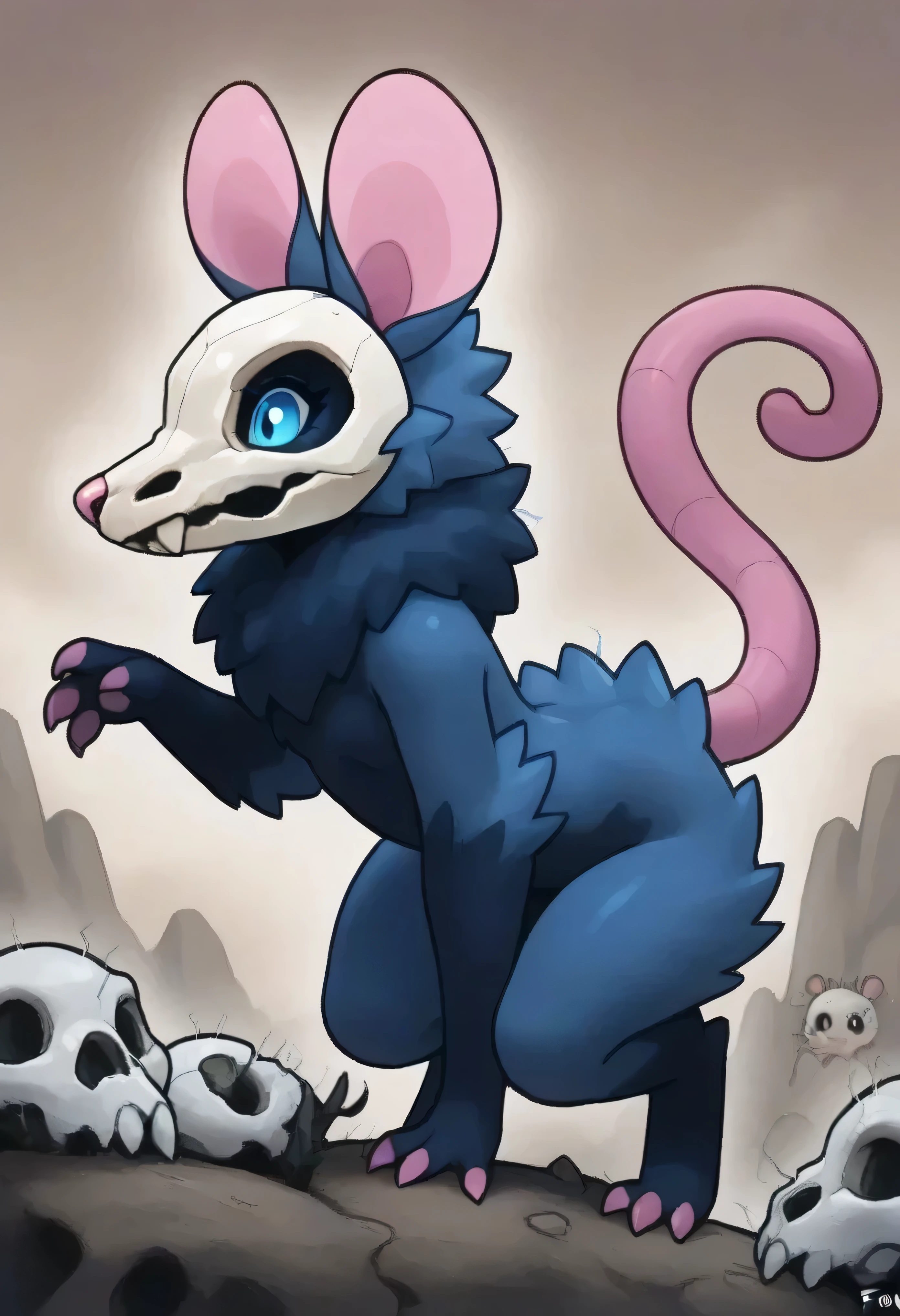 masterpiece quality, masterful, mythical, epic, beautiful, kawaii, rodent, FNAOp, Necrossum, 1tail, pink inner-ear, pink nose, pink tail, fur, dark fur, blue fur, skull mask, blue eyes,