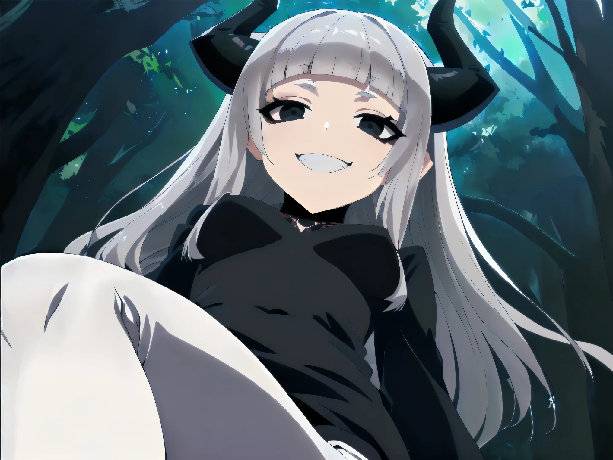((1girl spider)), horns, ((((long silver hair)))), (((dark black eyes))), (((blunt bangs))), ((spider body)), ((white tights)), black dress, ((melhor qualidade)), (((macabre smile))), happy, (((Very happy))), (detaleid), perfect face, ((style novel)), beautiful cores, ((anime_collors)), (((low view))) in Forest.