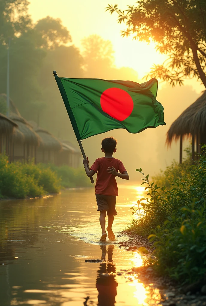 A boy running a street waving a flag of Bangladesh