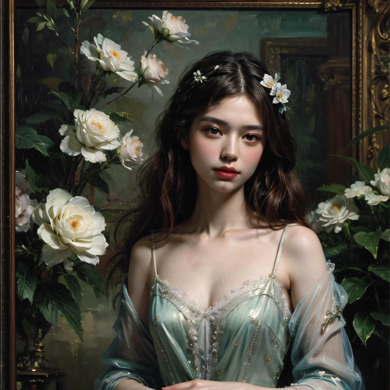 (oil painting:1.5), (NSFW:1.2), a woman joyfully twirling in the raining paint, 1girls,floral, Lycianthus ,In light pink and light blue styles..., Dreamy and romantic composition..., dripping flowers on her face, in the style of collage-based, made of insects, william wegman, colorism, white background, pencil art illustrations, national geographic photo, luxurious, extravagant, stylish, , opulent, elegance, stunning beauty, professional, high contrast, detailed, Depict a dreamy, whimsical scene with elements that seem to merge with the background, (Enfermeira usando roupas da segunda guerra mundial ),, Eduardo Kobra acolchoamento , Multidimensional geometric wall, retrato, arte, Chibi, (oil painting:1.5), (((masterpiece)), (best quality), (cinematic), art nouveau style watercolor painting , Chinese goddess, large breasts, big eyes, long thick eyelashes, cleavage, full lips, long thick hair, wide hips, high ponytail. Flower_background, featuring intricate designs and patterns in the style of Alphonse Mucha.