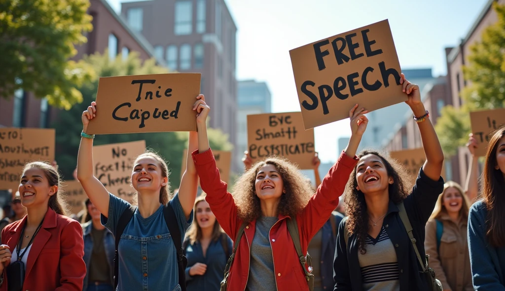 photo of small crowd of passionate multi  racial protestors, only a few holding up posters not all facing in the same direction and slightly scattered infront of a building